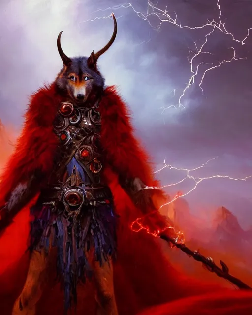 Image similar to oil painting of Anthropomorphized Wolf Shaman holding magical lightning staff, wearing red fur cloak, sharp focus, , magical aura, heroic pose, fantasy style, octane render, volumetric lighting, 8k high definition, by greg rutkowski, highly detailed, trending on art Station, magic the gathering artwork, Lightning storm background, centered