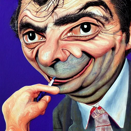 Prompt: a detailed painting mr. bean by gerald scarfe and ralph steadman