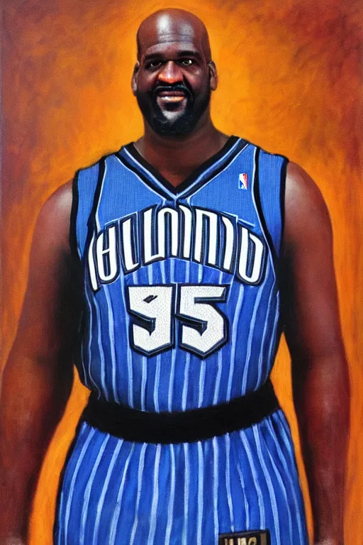 Image similar to full body portrait of shaquille o'neil as the dictator of the orlando magic, 1 8 8 9, in full military garb, magic blue, silver, and black, oil on canvas by william sidney mount, trending on artstation