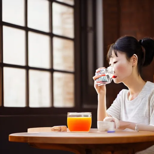 Image similar to chinese woman sitting at a table drinking juice out of a mason jar, award-winning, volumetric lighting, 8k, 4k, highly detailed, cinematic