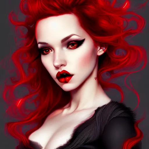 Image similar to a realistic illustration portrait of a beautiful aidra fox with curly black and red hair, black eyeliner, trending on artstation, hyper - realistic lighting, intricate, ross tran