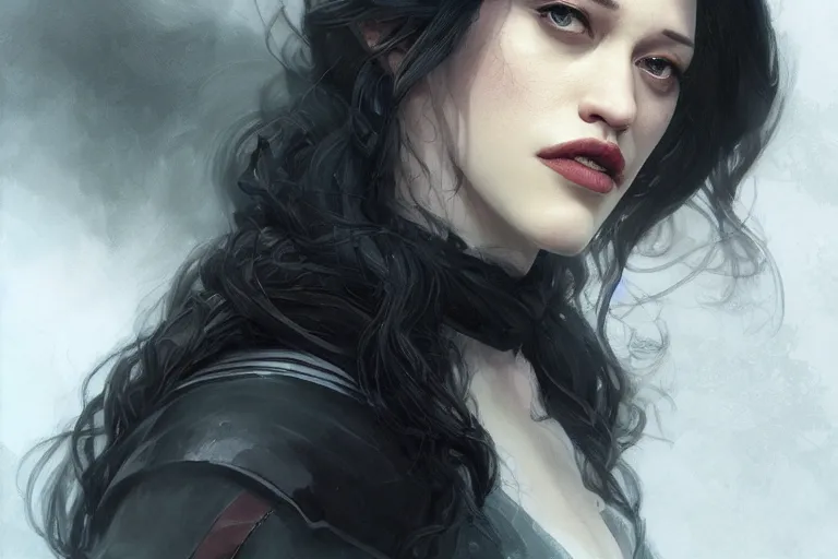 Image similar to A portrait of a Kat Dennings as Yennefer from the Witcher Games by Ruan Jia and Mandy Jurgens and Artgerm and william-adolphe bouguerea, highly detailed, trending on artstation, award winning, H 768