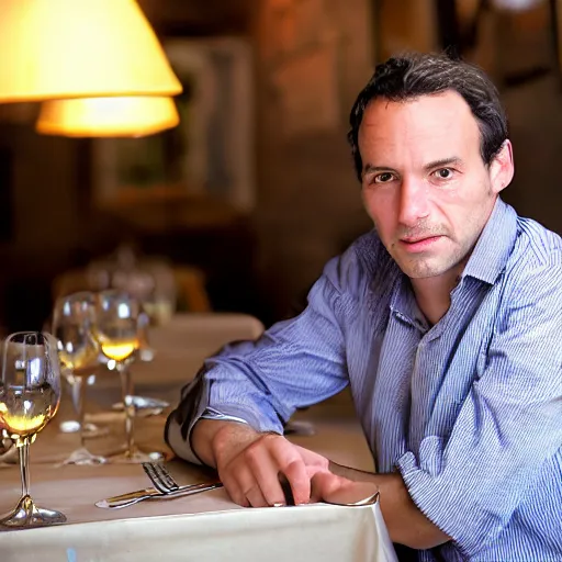 Prompt: photo in the year 2 0 0 5 of a frenchman from france seated in a restaurant. 5 0 mm, studio lighting