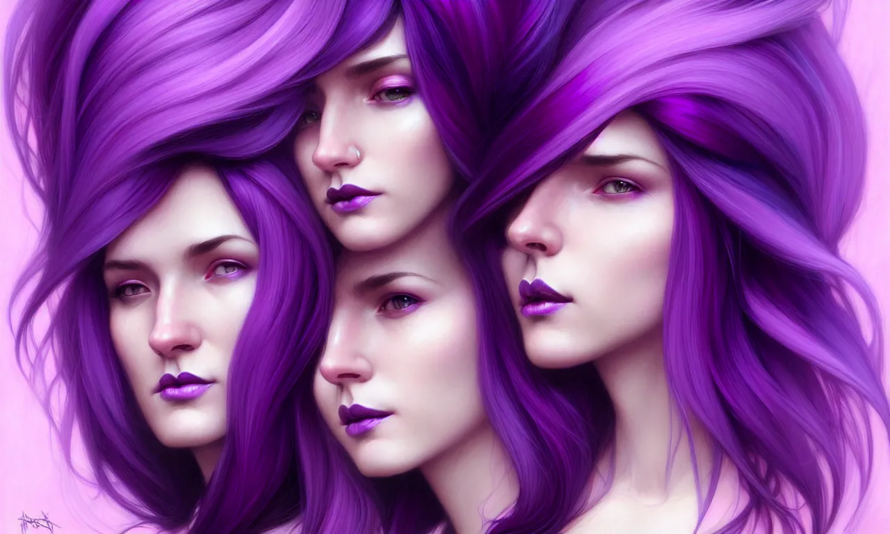 Prompt: Purple hair relistic Portrait of a two woman with bright colored flying hair, all shades of purple. Beauty face, Hair coloring, fantasy, intricate, elegant, highly detailed, digital painting, artstation, concept art, smooth, sharp focus, illustration, art by artgerm and greg rutkowski and alphonse mucha