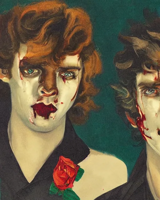 Prompt: two handsome but sinister young men wearing gucci in layers of fear, with haunted eyes and wild hair, 1 9 7 0 s, seventies, floral wallpaper, a little blood, moonlight showing injuries, delicate embellishments, painterly, offset printing technique, by brom, robert henri, walter popp