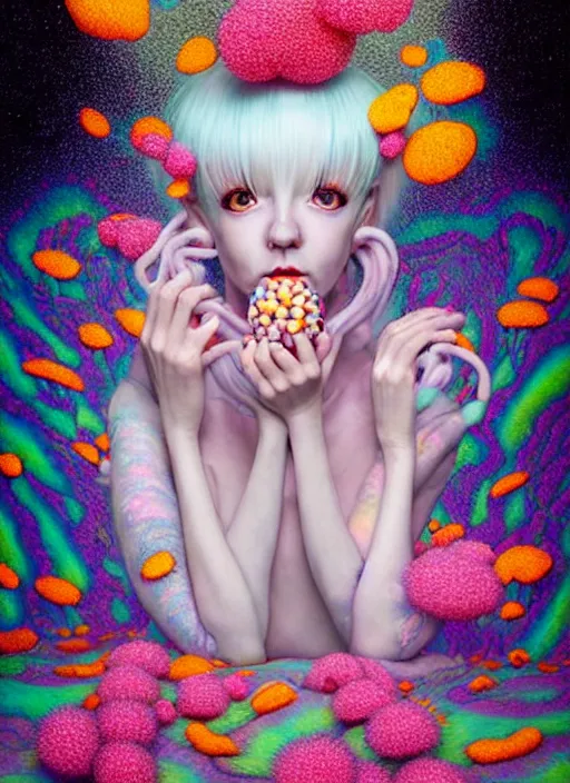 Prompt: hyper detailed 3d render like a Oil painting - kawaii portrait Aurora (white haired Singer Weasle) seen Eating of the Strangling network of yellowcake aerochrome and milky Fruit and Her delicate Hands hold of gossamer polyp blossoms bring iridescent fungal flowers whose spores black the foolish stars by Jacek Yerka, Ilya Kuvshinov, Mariusz Lewandowski, Houdini algorithmic generative render, Abstract brush strokes, Masterpiece, Edward Hopper and James Gilleard, Zdzislaw Beksinski, Mark Ryden, Wolfgang Lettl, hints of Yayoi Kasuma, octane render, 8k