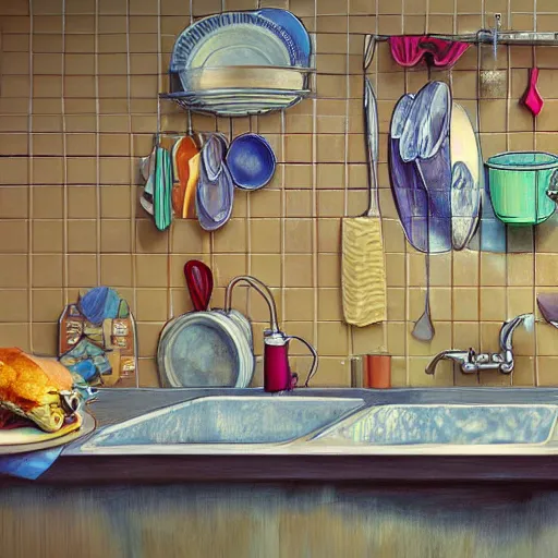 Image similar to the pile of dirty dishes in the sink, in style of surrealism, 4k ultra details, hyper realism,