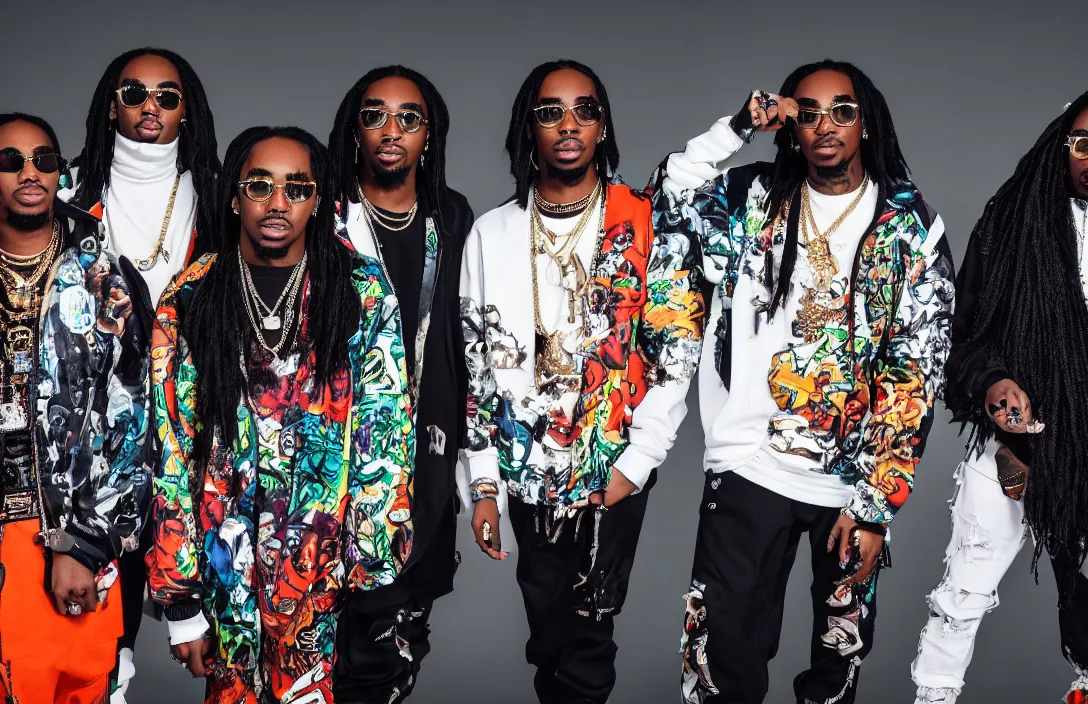 Prompt: photo of the rap group migos members quavo, offset and takeoff, product shot, macro, hyper realistic, 4 k, 8 k