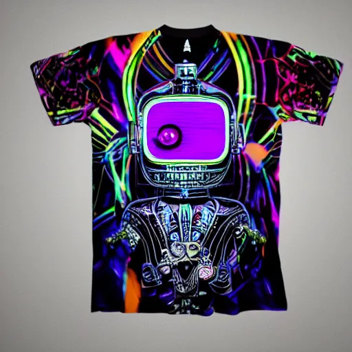 Prompt: mockup of a black tshirt with a hyperdetailed portrait of a steampunk robot on lsd, 8 k, symetrical, flourescent colors, happy trippy mood, multicolored,