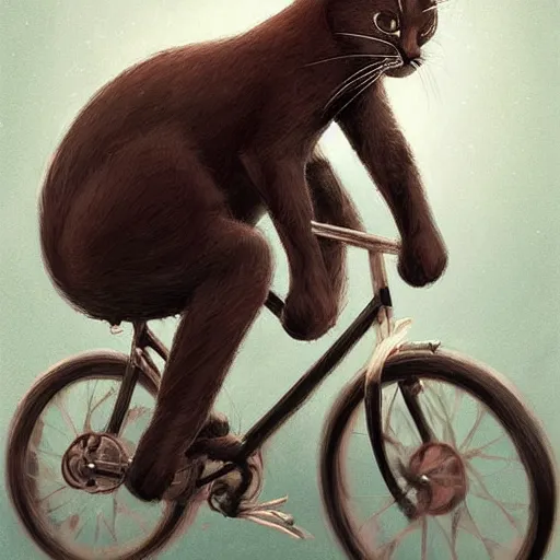 Image similar to head and shoulders masterpiece portrait of cute cat riding a bicycle, surreal background, digital art by Krenz Cushart, trending on artstation