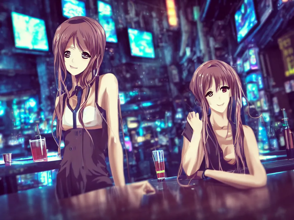 cute anime girl alone in a cyberpunk city bar, very | Stable Diffusion |  OpenArt