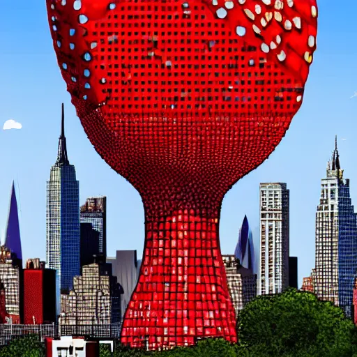 Image similar to a building of the shape of an amanita muscaria in the New York skyline, photorealistic