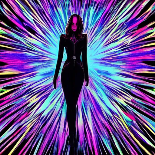 Image similar to long Shot of psychedelic Black widow standing in mysterious chromatic astral temple , stylish, lsd, soft, cinematic, artwork by Wong, Liam