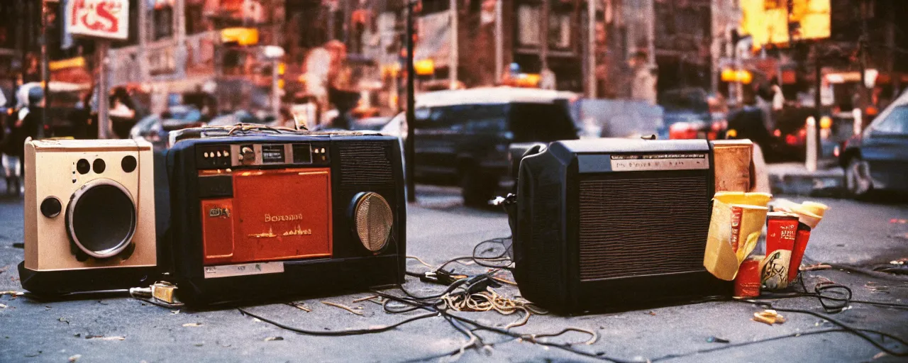 Prompt: a boombox on a nyc street blasting spaghetti out of its speakers, 1 9 8 0's, high detail, canon 5 0 mm, cinematic lighting, photography, retro, film, kodachrome