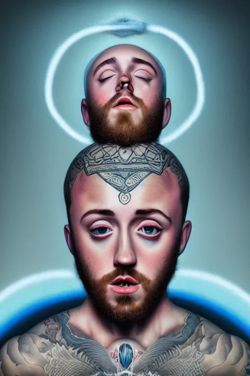 Image similar to The last portrait of Mac Miller, Heavenly, Hellish, Divinity, Hope, Ethereal, Symmetry, Atmospheric Lighting, artstation trending, good versus evil, ladders, angelic, the divine feminine, Pittsburg, Blue Slide Park, Most Dope, Rendered in Octane, trending on artstation, cgsociety, moody lighting rendered by octane engine, environment 8K artstation, cinematic lighting, intricate details, 4k detail post processing, hyperealistic, octane render, photo realism ultra detailed cinematic