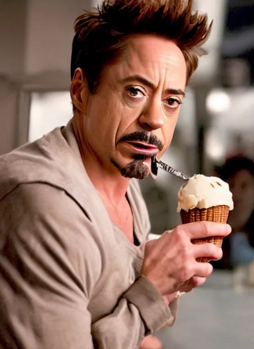 Image similar to a full portrait photo of robert downey jr eating ice cream in movie iron man, f / 2 2, 3 5 mm, 2 7 0 0 k, lighting, perfect faces, award winning photography.