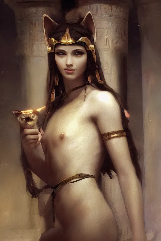 Image similar to soft light portrait of the beautiful egyptian goddess, bastet, bast, woman / cat hybrid, soft torchlight in an egyptian tomb, digital art by ruan jia and mandy jurgens and artgerm and william - adolphe bouguereau, by jean - leon gerome, highly detailed, trending on artstation, award winning,