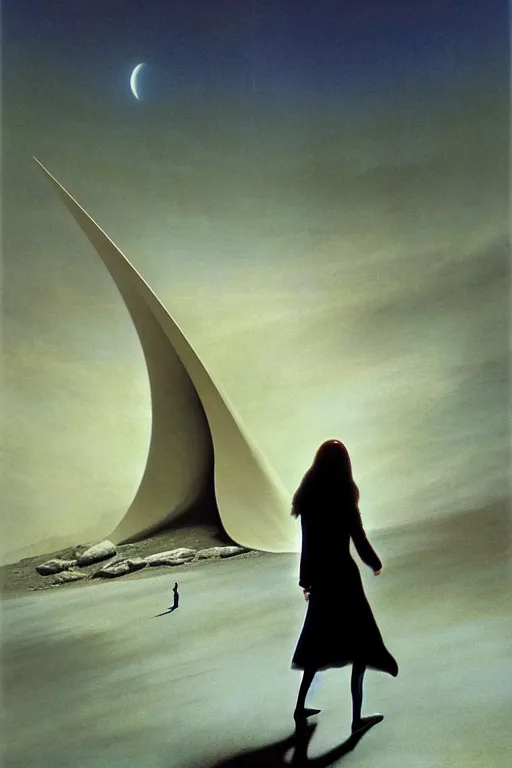 Image similar to emissary space by arthur haas and bruce pennington and john schoenherr, cinematic matte painting, zaha hadid building, photo realism, dark color palate, woman walking alone,