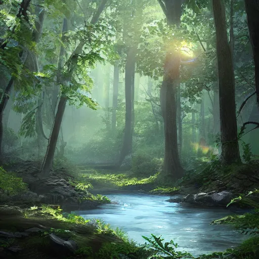 Prompt: a winding river through a dense forest, sunlight filtering through the leaves, trending on artstation