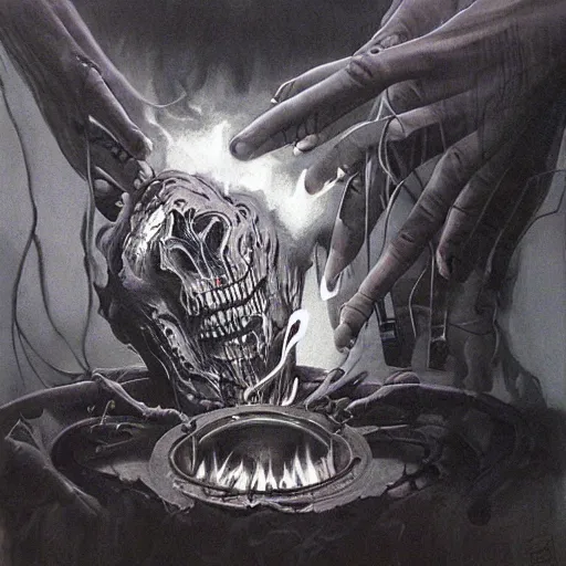 Image similar to break my heart set it all on fire, i cant be saved so i'll die quieter, horrifying artwork by nekro, borja, syd mead, zdislaw cosmic horror charcoal artwork, surreal existentialism