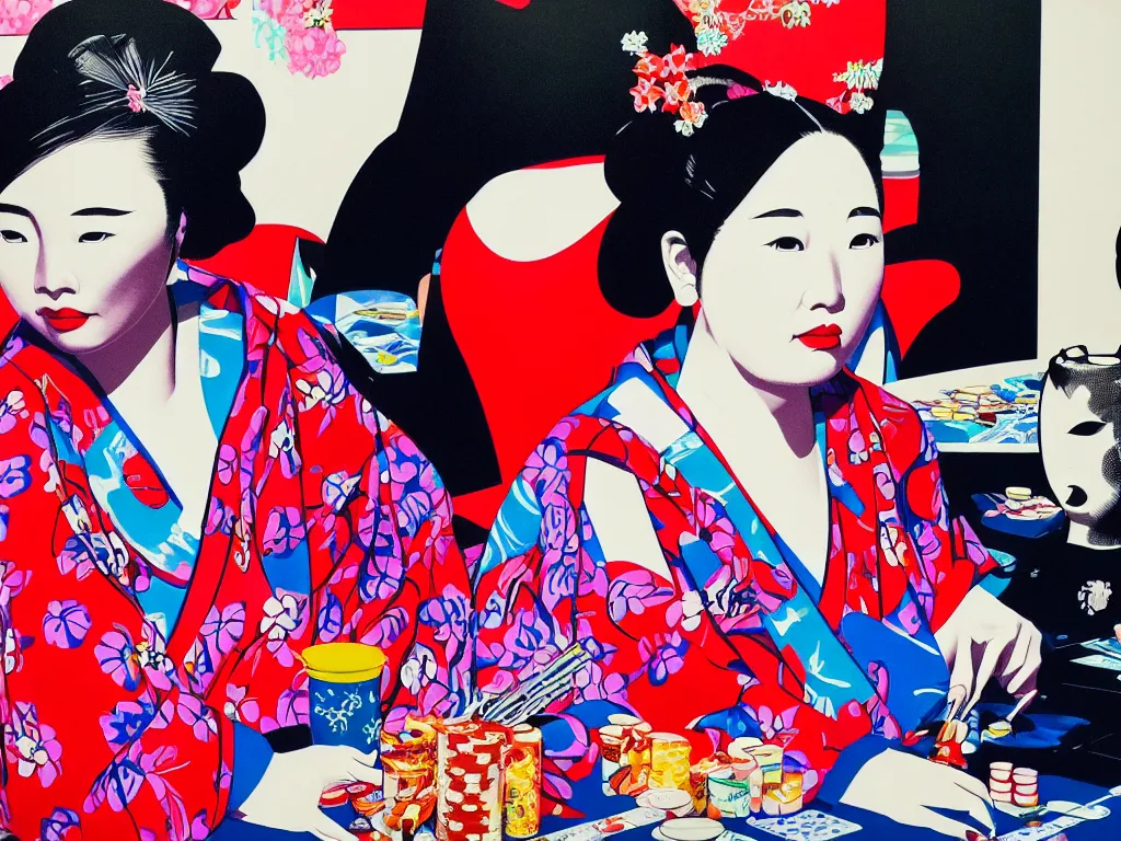 Image similar to hyperrealism composition of the detailed woman in a japanese kimono sitting at a poker table with darth vader, fireworks, waves in the ocean with mountains in the background, pop - art style, jacky tsai style, andy warhol style, acrylic on canvas