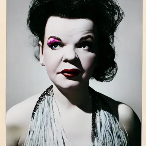 Image similar to photographic portrait of a hybrid of judy garland and bjork aged 2 6, with a dark fringe, 8 k