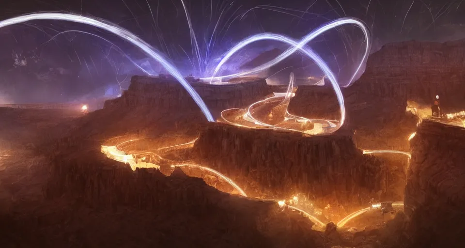 Image similar to night, a lot of people and a spiral - shaped white luminous attractor is floating in grand canyon, concept art, art for the game, professional lighting, art