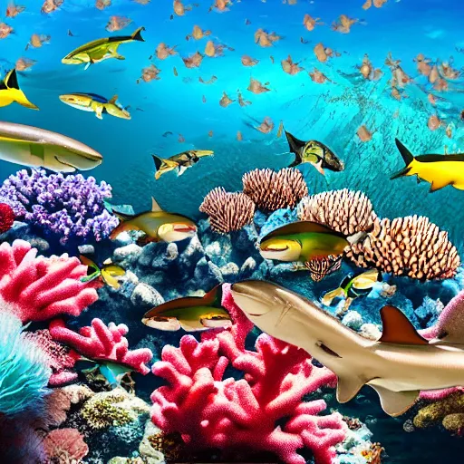 Image similar to beautiful hyper realistic coral reef full of sharks in 4 k