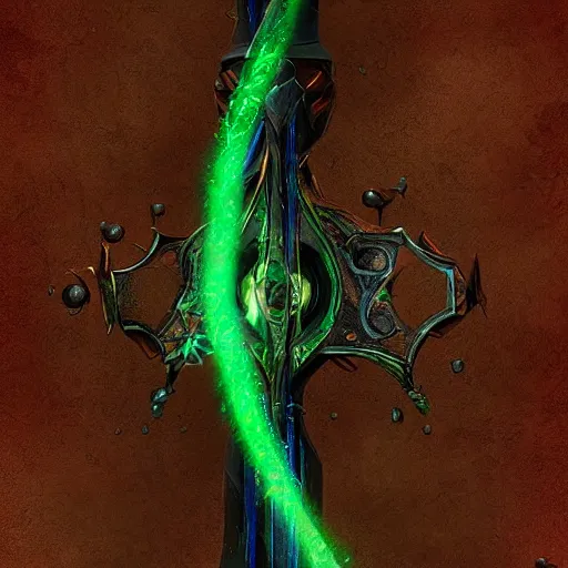Image similar to fantasy dark magic staff with shiny emerald in the middle, high detail, digital art, beautiful , concept art,fantasy art, 4k