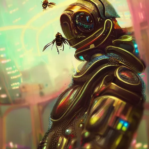 Prompt: portrait futuristic bee animal, in future cyberpunk sydney rooftop , sci-fi, fantasy, intricate, very very beautiful, elegant, human anatomy, neon light, highly detailed, digital painting, artstation, concept art, smooth, sharp focus, illustration, art by tian zi and WLOP and alphonse mucha