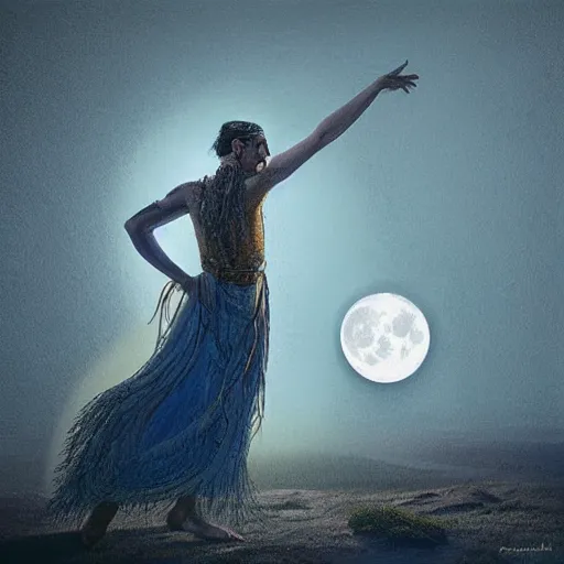 Image similar to a shaman dancing with light, highly detailed moon fills the background, by Christope Vacher