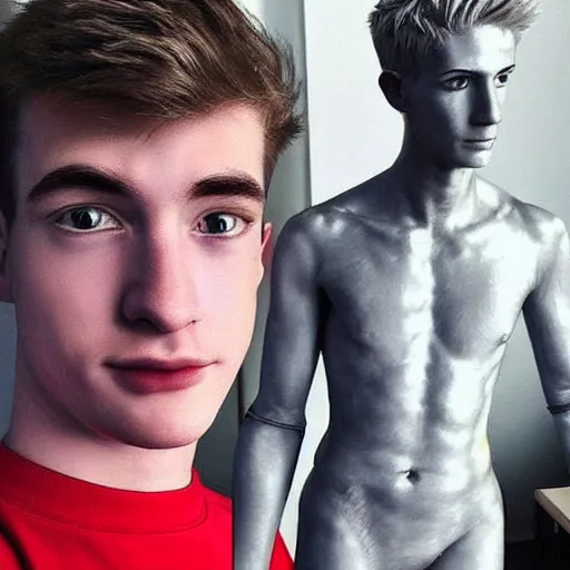 Image similar to “a realistic detailed photo of a guy who is an attractive humanoid who is half robot and half humanoid, who is a male android, twitch streamer Ninja Tyler Blevins, shiny skin, posing like a statue, blank stare, gaming room”