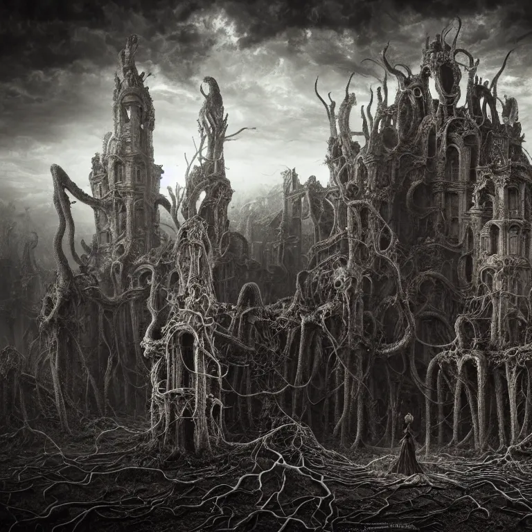 Prompt: surreal ribbed abandoned giant castle covered with tentacles, roots, spines, baroque painting, standing in a desolate empty wasteland, creepy, nightmare, dream-like heavy atmosphere, surreal abandoned buildings, beautiful detailed intricate insanely detailed octane render trending on Artstation, 8K artistic photography, photorealistic, chiaroscuro, Raphael, Caravaggio, Beksinski, Giger