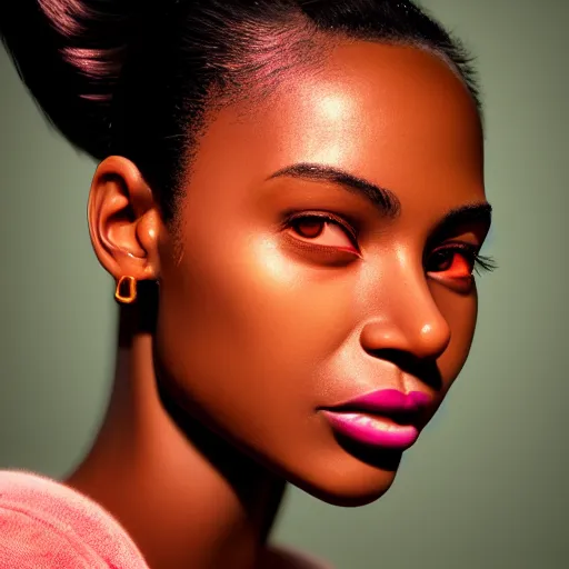 Image similar to intricate beautiful portrait of a cute thin young black woman, hair in a ponytail, very detailed emerald green eyes, red blush, casual clothes, relaxing on the couch, home interior, golden hour, close up shot, 8 k, hyperreal art by irakli nadar, hyperrealism, hyperdetailed, ultra realistic