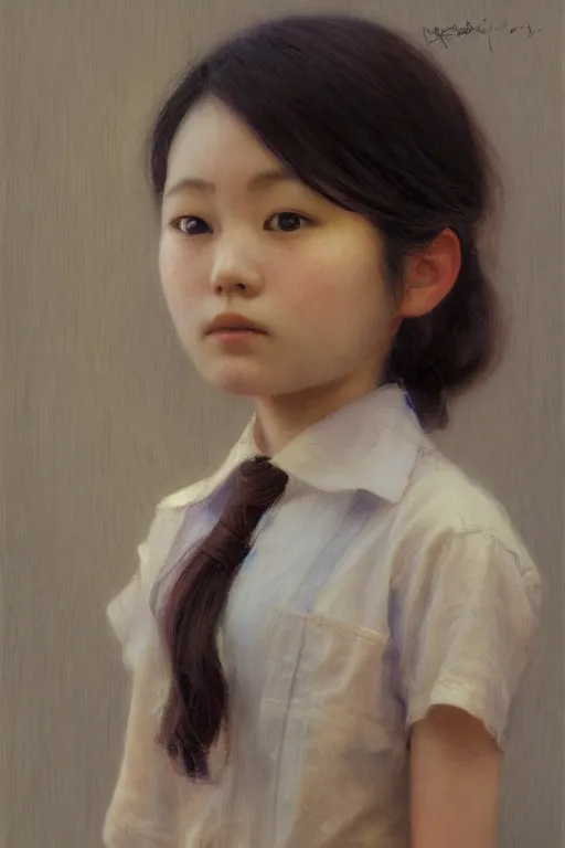 Image similar to japanese schoolgirl by Alyssa Monks, Gaston Bussiere. Bob hairstyle, school uniform, full body, urban dystopia, hyper realism, realistic proportions, artstation, concept art, smooth, sharp focus, illustration