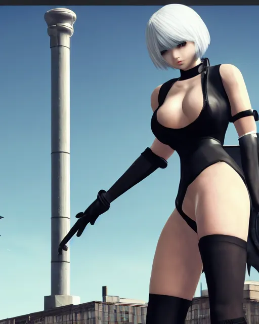 Prompt: 2B from Nier Automata and with slender body type standing in front of a large building, GTA 5 loading screen, 8k