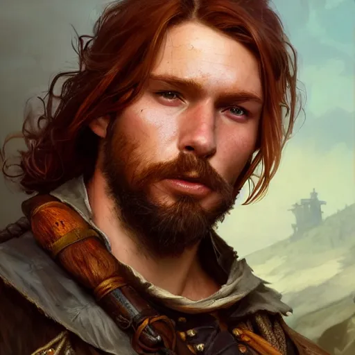 Image similar to portrait of a young pirate, male, rugged, masculine, handsome, upper body, red hair, long hair, D&D, fantasy, intricate, elegant, highly detailed, cinematic lighting, digital painting, artstation, concept art, cutscene, sharp focus, illustration, art by Artgerm and Greg Rutkowski and Alphonse Mucha