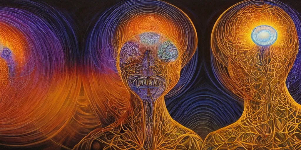 Image similar to could there be a realization of such magnitude that it quite literally blows one's mind?, center shock depicts such a moment of post - contemplative epiphany, volumetric lighting and shadows, concept art, biomechanical, realistic oil painting by alex grey