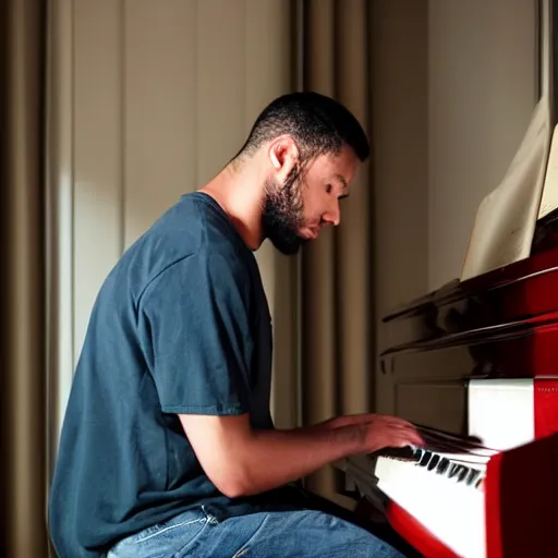 Image similar to 3 0 year old man playing the pino front facing his hands are covered by the piano light dark skin, his facing is facing front