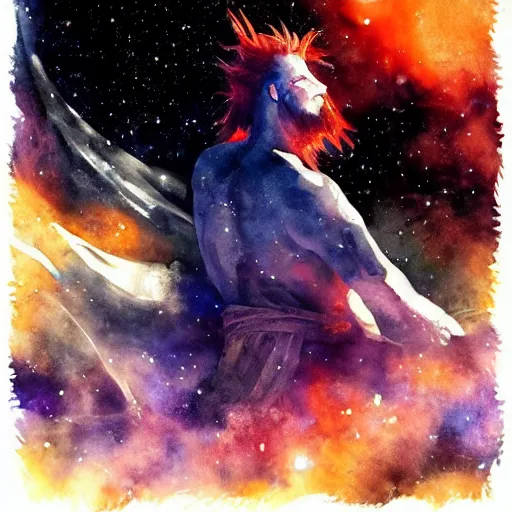 Image similar to vercingetorix in space. watercolor. dramatic. amazing painting. formal. beautiful. high resolution. highly realistic. close - up. trending on artstation