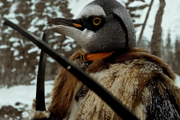 Image similar to movie scene closeup penguin wearing fishbone armor holding a katana sword in a lush arctic. by emmanuel lubezki