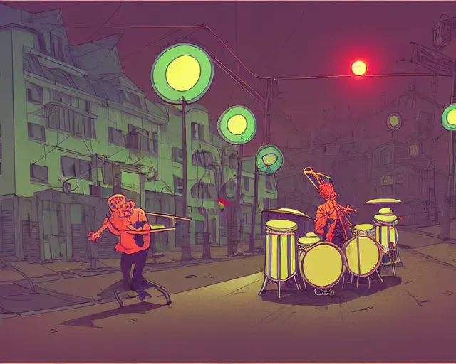 Image similar to a study of cell shaded cartoon of a two man band playing a microKorg synthesizer and drums floating above a country road, street lamps, road, illustration, wide shot, subtle colors, post grunge, concept art by josan gonzales and wlop, by james jean, Victo ngai, David Rubín, Mike Mignola, Laurie Greasley, highly detailed, sharp focus, Trending on Artstation, HQ, deviantart, art by artgem