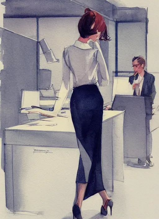 Image similar to concept art of a modern office life, young business woman, pencil miniskirt, pinterest, artstation trending, behance, watercolor, by coby whitmore, silver, laser light,