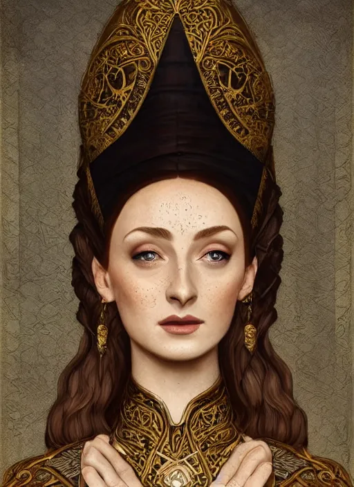 Prompt: sansa stark as black nefertiti, intricate, elegant, highly detailed, digital painting, artstation, concept art, smooth, sharp focus, illustration, art by rutkowski, aleksi briclot, mucha, orientalism, bouguereau