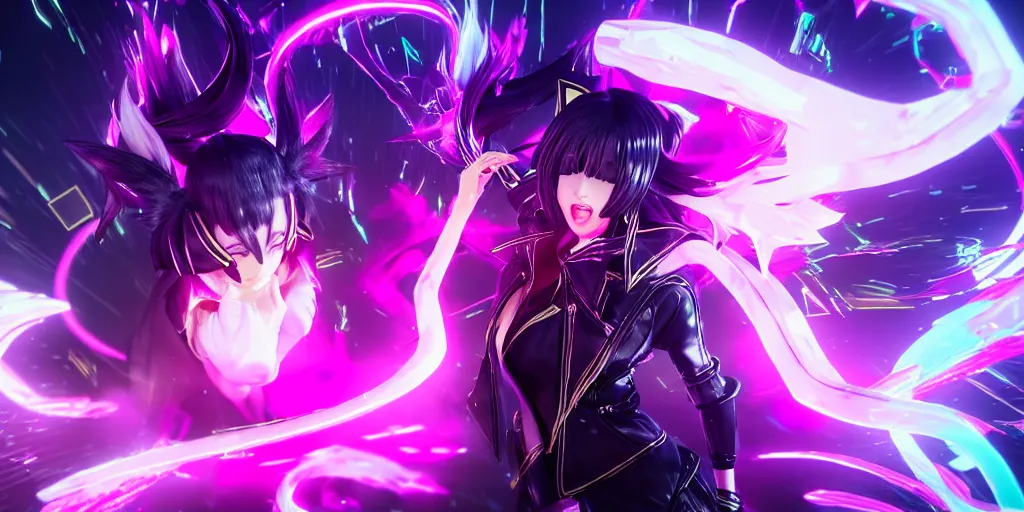 Image similar to KDA Ahri with her eyes closed singing facing the camera centered with headphones on in the style of a code vein character, momo from twice in code vein in the style of WLOP, artgerm, yasutomo oka, rendered in unreal engine and redshift octane , background is surrounded by epic neon glitch effect digital art dynamic dramatic lighting, soft lighting, imagine fx, artstation, cgsociety, by Bandai Namco artist,