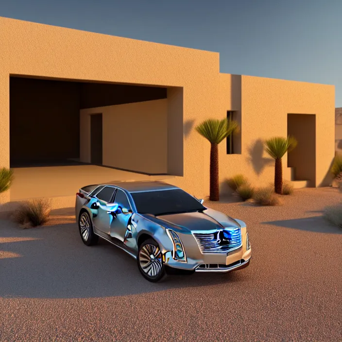 Image similar to hyper realistic, high detail photo of desert house with cadillac in the driveway, beautiful, happy lighting