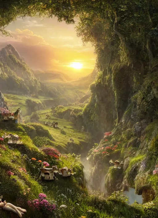 Prompt: an elegant winged fairy flying in the lord of the rings scenery landscape, looking out at a vast lush valley flowers and homes made of mushrooms, stream, sunrise, god's rays highly detailed, vivid color, cinematic lighting, perfect composition, 8 k, gustave dore, derek zabrocki, greg rutkowski, belsinski, octane render