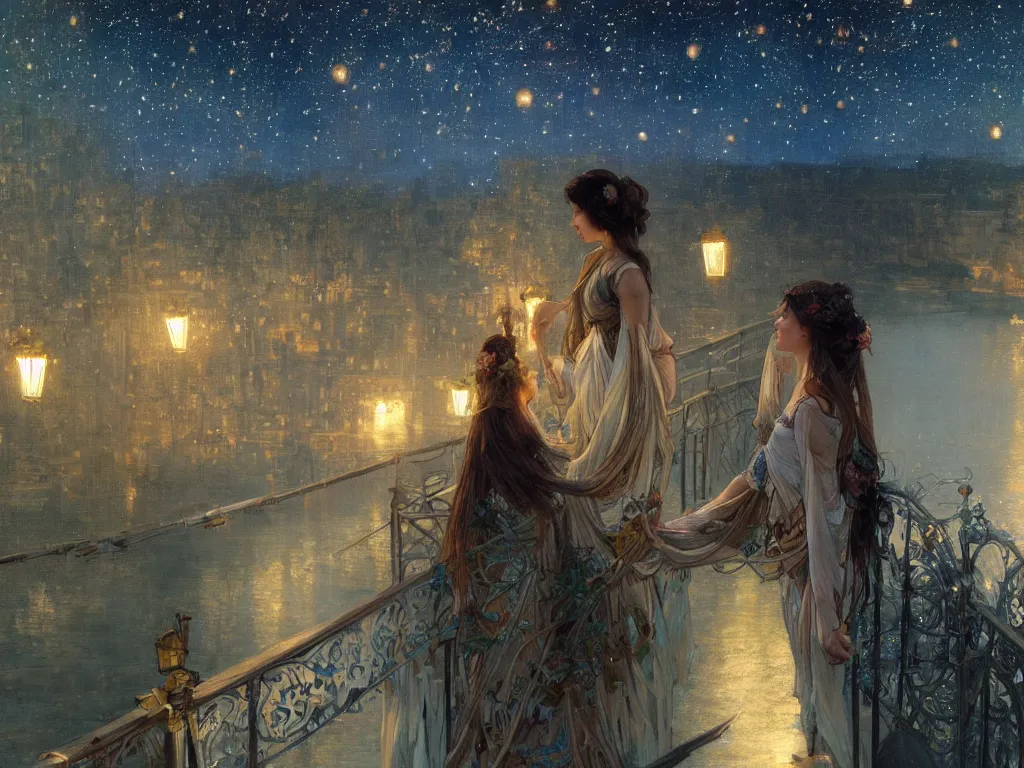 Image similar to a beautiful painting of a girl standing on a bridge, watching the view from the river of the lantern festival in a an ancient italian town, at night with a sky full of stars, intricate, elegant, highly detailed, digital painting, artstation, concept art, by krenz cushart and artem demura and alphonse mucha