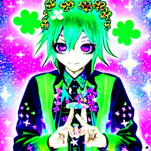 Image similar to a hologram of decora styled green haired yotsuba koiwai wearing a gothic spiked jacket, background full of lucky clovers and shinning stars, holography, irridescent, baroque visual kei decora art