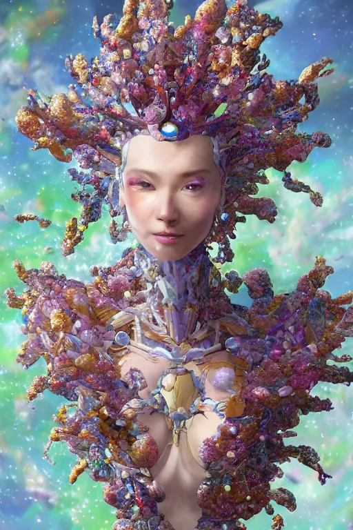 Image similar to realistic 8k digital painting of a stunning intricate cracked multicolored milky marble Cosmic EVA-Mech Ethereal Queen character design. Beautiful aura. Kintsugi. by Daytoner, Greg Tocchini, Yoshitaka Amano. Intricate Empress Crown made of sentient mycelium jewels and gems. subtle misty xparticles. Scattered Cherry blossoms Hyperrealism. Subsurface scattering. Octane Render